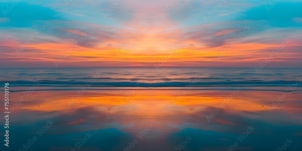 A mesmerizing sunset beach scene painted with warm orange and blue hues. Concept Seascape Art, Sunset Colors, Beach Painting, Warm Tones, Coastal Scene