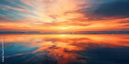Mesmerizing sunset over beach with warm orange and blue hues. Concept Beach Sunset  Warm Tones  Orange and Blue Colors  Mesmerizing view
