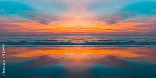 A mesmerizing sunset beach scene painted with warm orange and blue hues. Concept Seascape Art  Sunset Colors  Beach Painting  Warm Tones  Coastal Scene