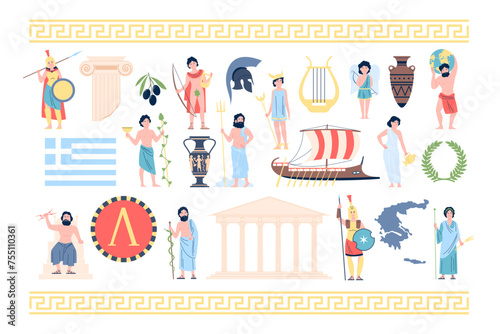 Flat greek elements. Landmarks of greece, ruins and ancient vases. Mythologies and legends gods and heroes. Olives and parthenon, recent vector icons