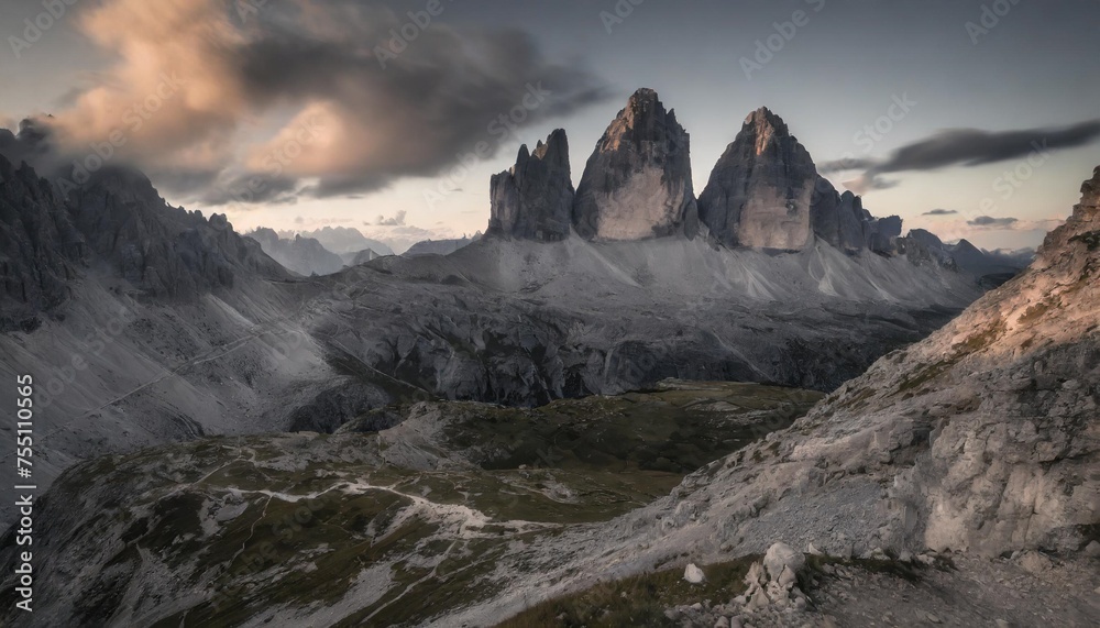 a different view to the most famous tre cime di lavaredo also known as drei zinnen or three peaks of lavaredo view from sorapis circuit trek the dolomites south tyrol italy - obrazy, fototapety, plakaty 