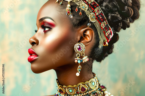 Portrait profile close beautiful black african woman exotic fashionista style photo, exotic hairstyle, long neck, giant necklaces with gemstones, diamonds and pearls, oversized earrings.