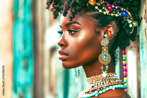 Portrait profile close beautiful black african woman exotic fashionista style photo, exotic hairstyle, long neck, giant necklaces with gemstones, diamonds and pearls, oversized earrings. photo