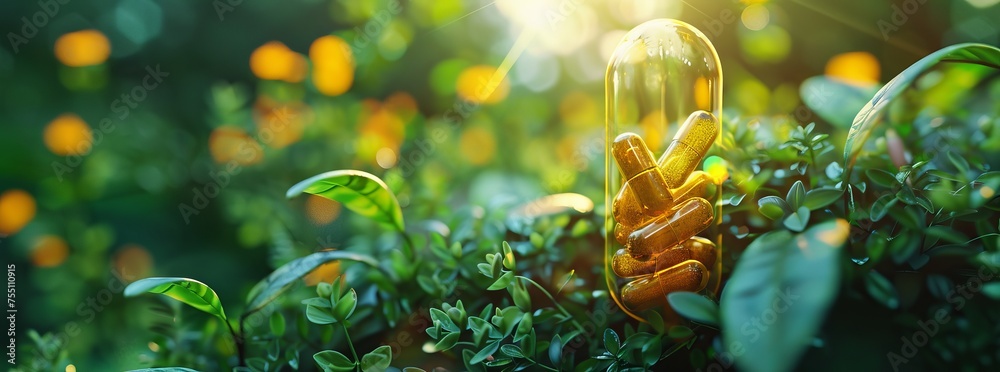 Sunshine filters through a lush green backdrop, highlighting a clear capsule filled with natural supplements, epitomizing health and organic well-being. - obrazy, fototapety, plakaty 