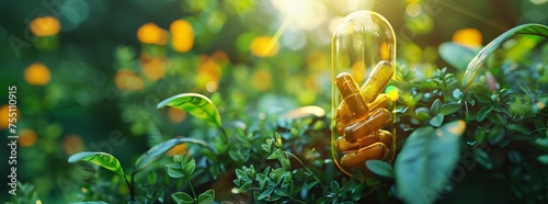 Sunshine filters through a lush green backdrop, highlighting a clear capsule filled with natural supplements, epitomizing health and organic well-being. photo