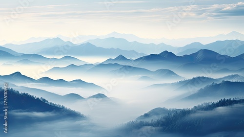 Ethereal mountain peaks enveloped in a soft, misty fog at dawn