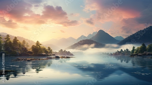 Peaceful mountain retreat at sunrise or sunset, misty hills, soft glowing light, tranquil lake