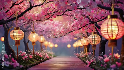 festive background with chinese paper lanterns and pink blooming trees