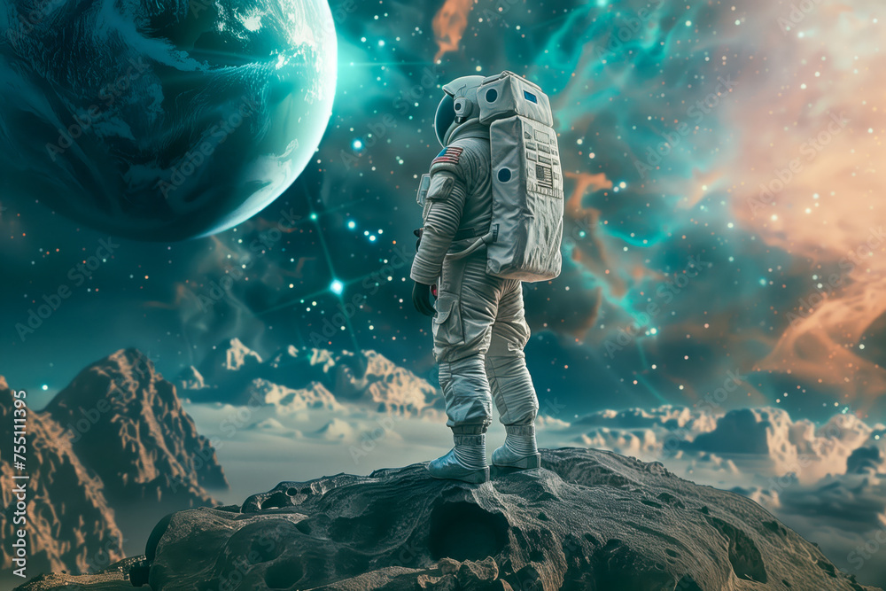 Fototapeta premium Spaceman and planet, human in space concept