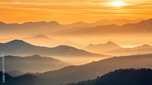 Sunrise over a serene mountain range, bathed in soft, golden light