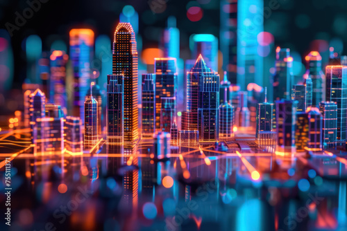 Neon Metropolis: Vibrant Cityscape with Glowing Urban Grid and Skyscrapers