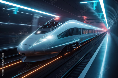 Speed of Innovation: High-Velocity Train Rushing Through a Futuristic Tunnel with Light Trails