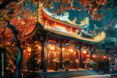 Traditional Chinese temple at night © Mayava