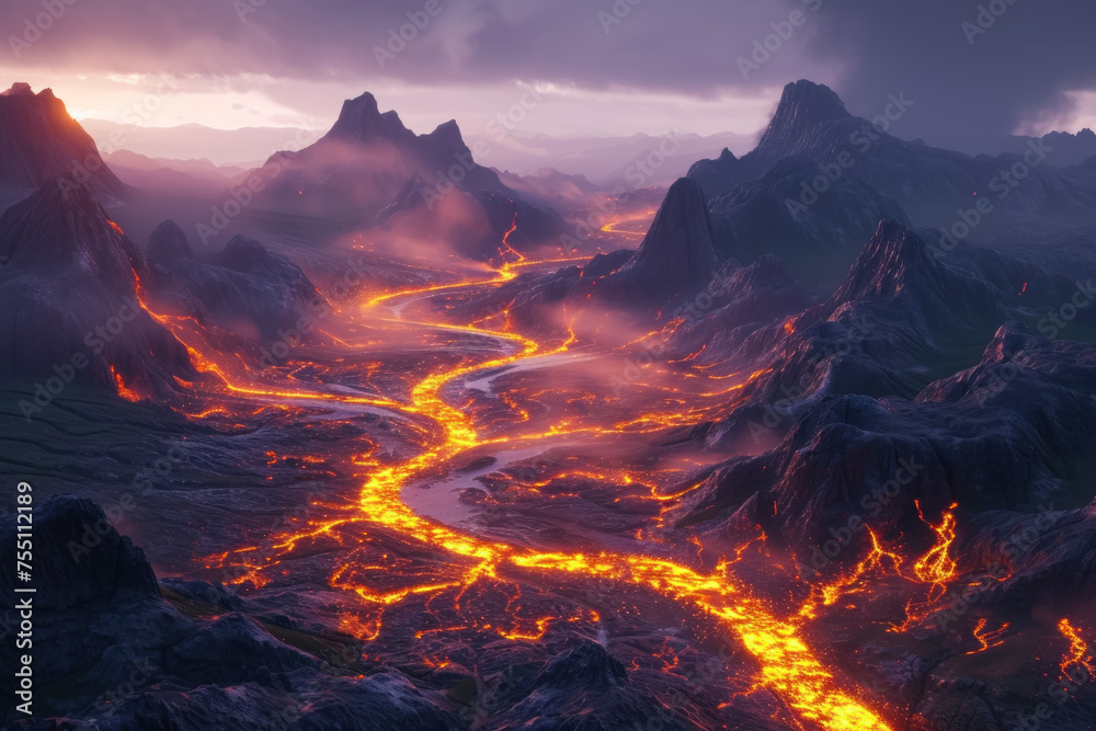 Primordial Forces: Dramatic Volcanic Landscape with Rivers of Lava Flowing Through Mountain Ranges

