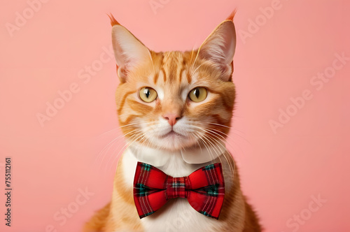 A red-haired cat in a red bow tie stands out against a pink background. Animal-themed postcards