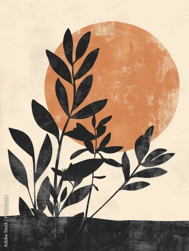 A painting depicting a plant with the sun shining in the background.