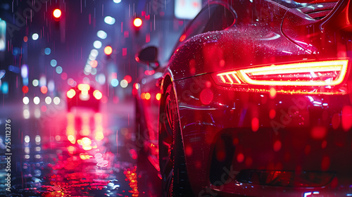 Cinematic close up shot of red supercar in rain
