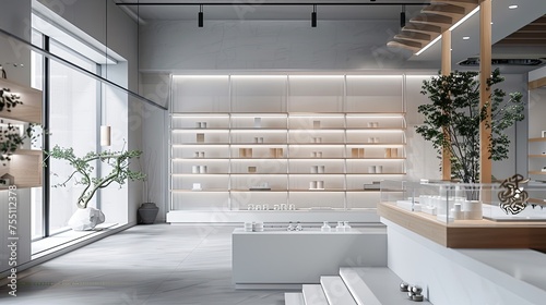 a small retail store adorned with white and wooden shelves, featuring dynamic lighting against the backdrop of northern China's terrain. photo