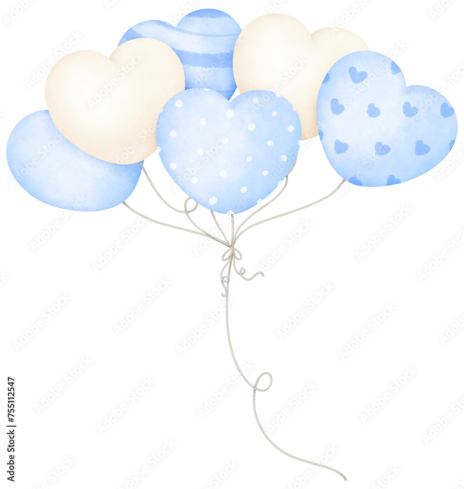 Watercolor blue heart balloons