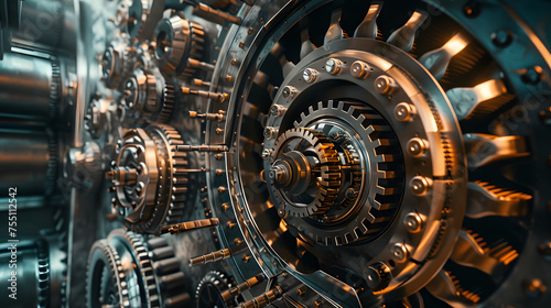 tunnel interior of a bank vault lock with several complex gears