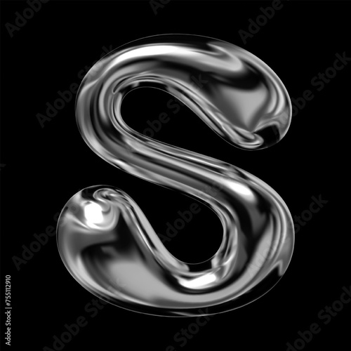 Shiny 3D chrome letter S, retro futuristic balloon bubble style , liquid metal effect with reflective gloss, isolated volumetric rendering, Y2K vector for modern design