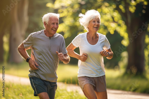A couple of older people are running in a park