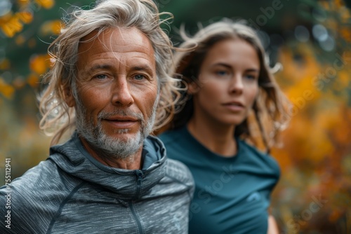 A man and a woman are standing in a forest