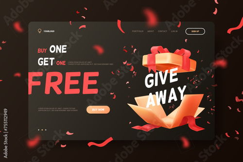 3d giveaway gift. Give away winning prizes announcement banner, amazing exploding giftbox winner celebrate congratulations, buy 1 get one free bonus realistic vector illustration