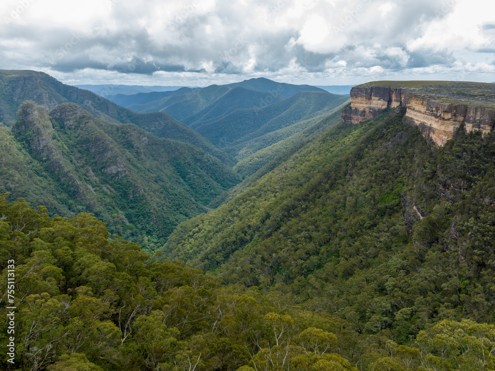 Aerial photograph from the Kanangra Boyd Lookout of Kanangra Walls and Kanangra Deep in the Blue Mountains in New South Wales in Australia