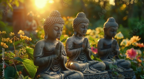 Three Buddha Statues Sitting on Top of a Lush Green Field