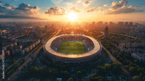 football stadium in the city at sunrise