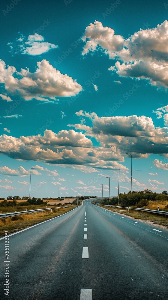 a beautiful highway going to sky full of clouds, driving on the highway