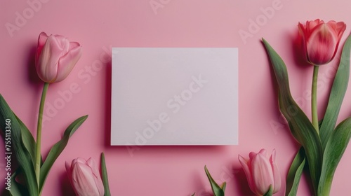 Blank Empty Paper On Pink Background With Tulips Around