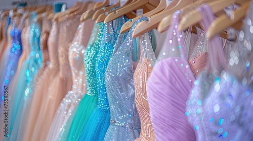 Wallpaper Mural A variety of colorful elegant wedding and evening dresses hang on hangers in a luxurious modern boutique. Prom dress, wedding, evening dress, bridesmaid dresses. Rent dresses for different occasions 7 Torontodigital.ca