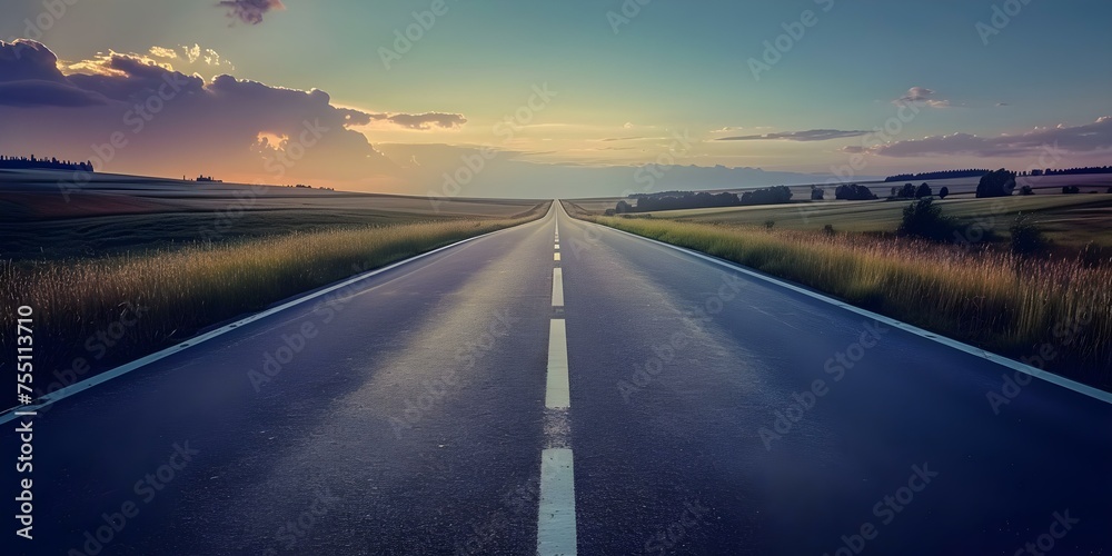 Serenity at dusk A lonely road amidst the tranquil asphalt landscape. Concept Travel Photography, Road Trips, Dusk Scenes, Solitude, Tranquil Landscapes - obrazy, fototapety, plakaty 