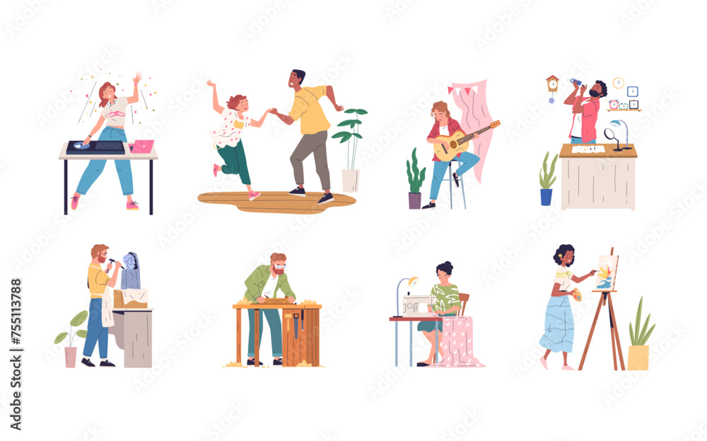 People hobby occupation. Person creative hobbies or artistic professions, artisan making sculpture sewing painter craft skill work art music activity set classy vector illustration