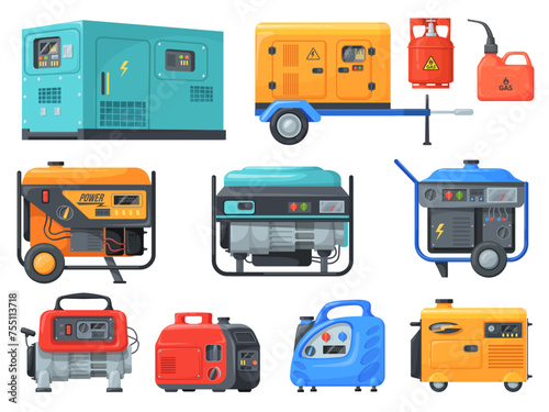 Generators machines. Electric power generator diesel gas fuel engine for generating electrical energy, emergency equipment maintenance service alternator, neat vector illustration
