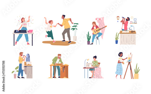People hobby occupation. Person creative hobbies or artistic professions  artisan making sculpture sewing painter craft skill work art music activity set classy vector illustration