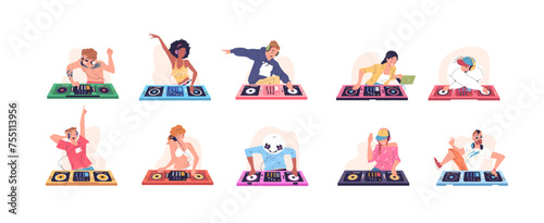 Dj characters. People musician in headphones mixing music turntable, nightlife club lifestyle woman man artist on nightclub mix party concert stage, set classy vector illustration