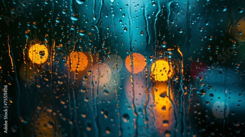 View of rain drop on the window with bokeh sun light background. Generative AI