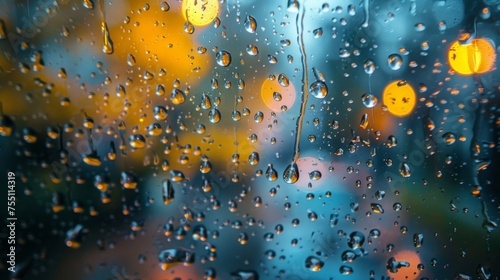 View of rain drop on the window with bokeh sun light background. Generative AI