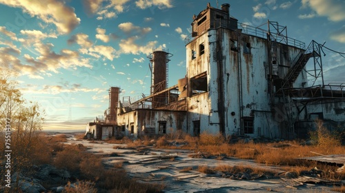 An abandoned factory building with broken windows and smokestacks, set against a backdrop of a dirt road and a cloudy blue sky.