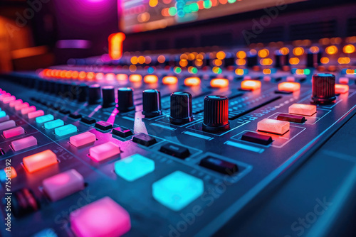 Close-up of an illuminated mixing board with vibrant knobs and faders, essential for music production and sound engineering. Generative AI photo