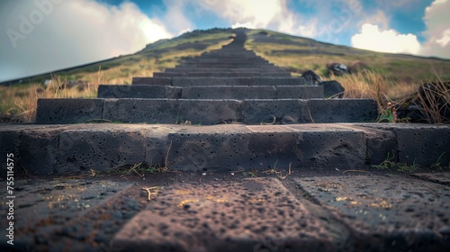 a closeup of a beautiful straight stairway with big heightened steps going to the top of the hill and hill top hidden in clouds, steps to heaven, stairs to the sky