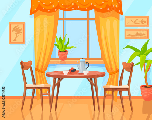 Dinning room interior. Wooden dining table and chairs restaurant kitchen house indoor, family dinner inside home scene living furniture, cartoon background neat vector illustration