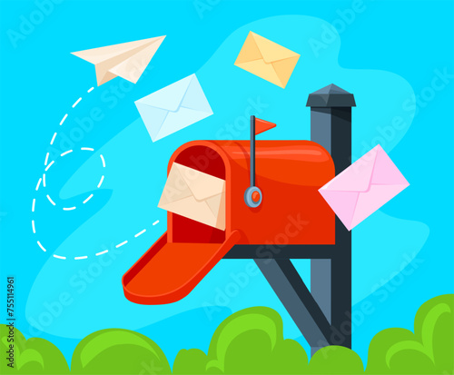 Mailbox banner. Cartoon cute postbox letters or postcards, postal newsletter service subscribe, business email message send news from post box, letterbox neat vector illustration