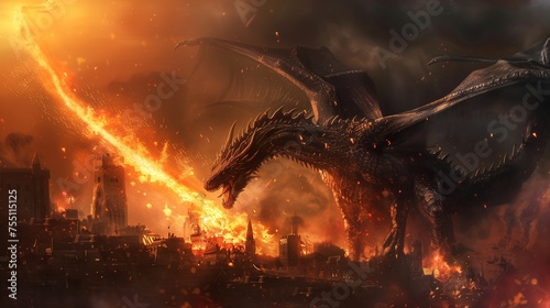 a dragon destroying a city with his fire, dragon flying over the city he destroyed photo
