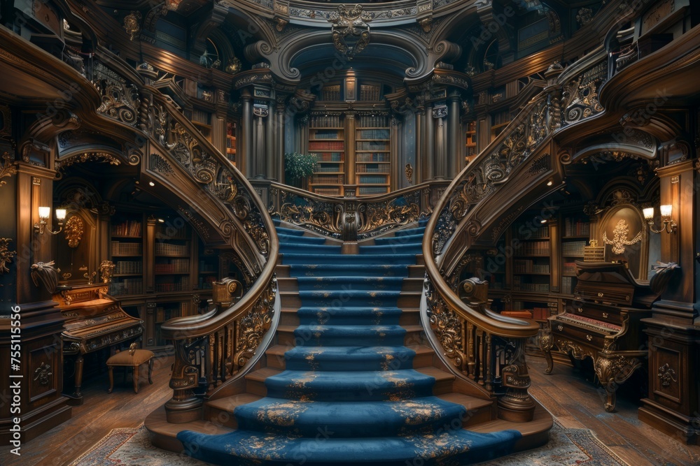 Blue Carpeted Staircase in Library