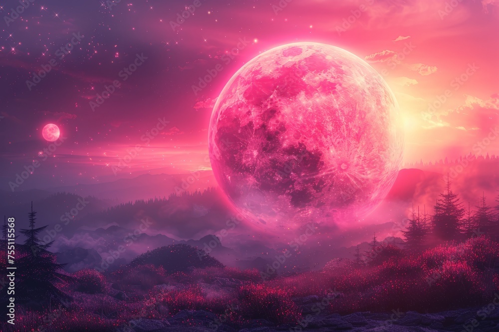 Large Pink Moon in Night Sky - obrazy, fototapety, plakaty 