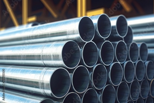 galvanized steel pipes stacked in warehouse